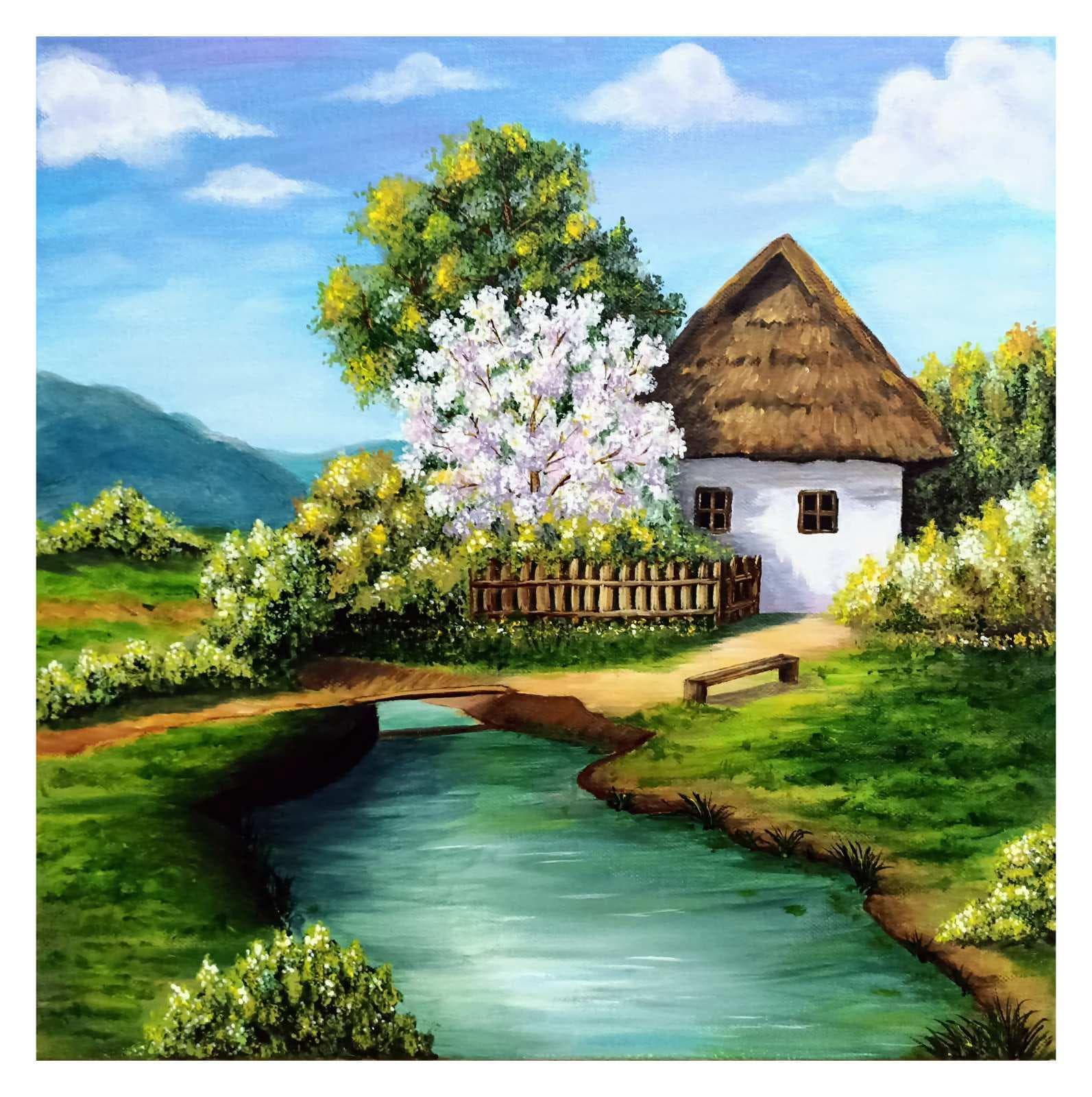 Slika: Kuća pored reke, 2022, Akrilne boje na platnu