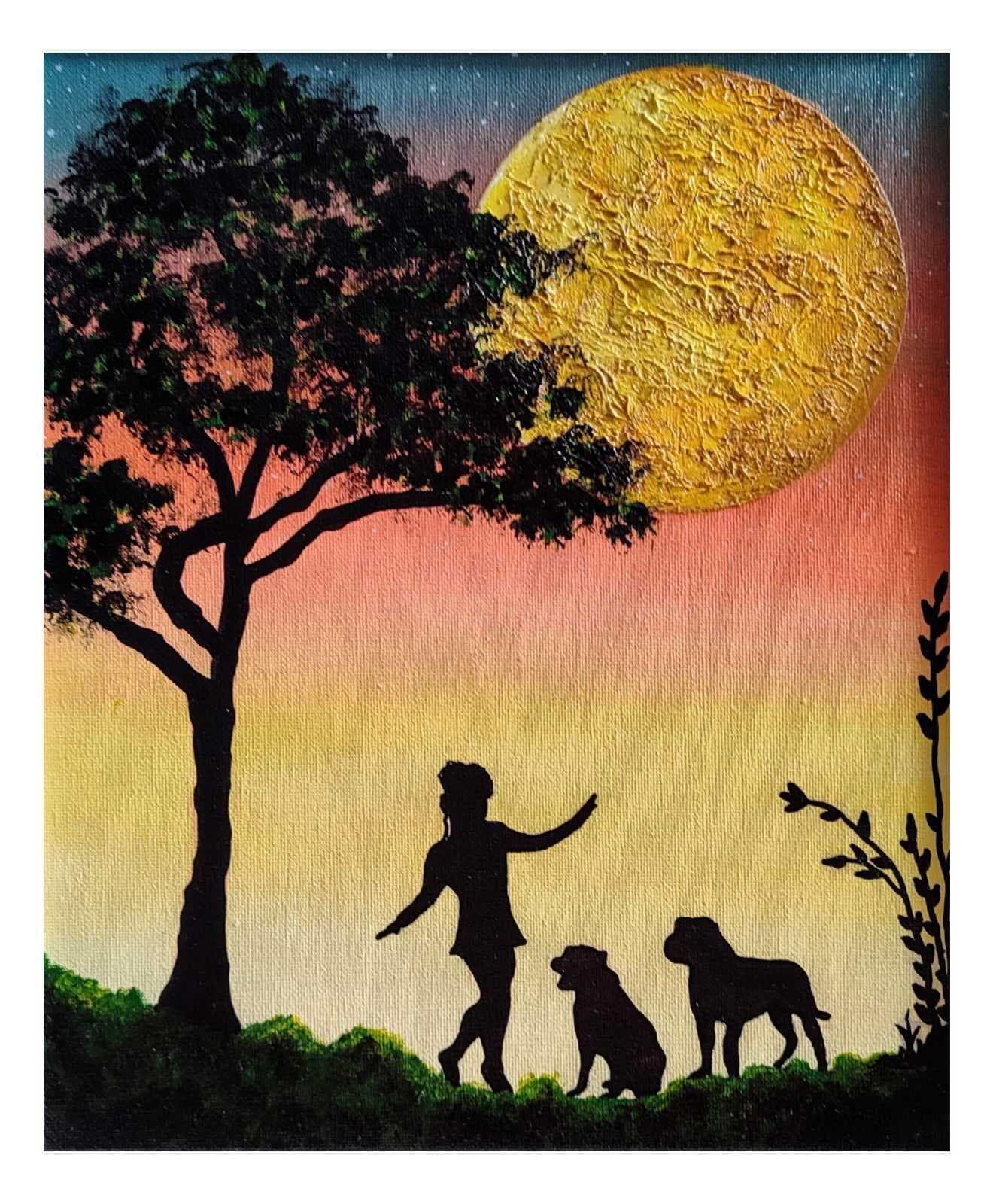 Slika: Devojčica i psi, 2024, Akrilne boje na platnu